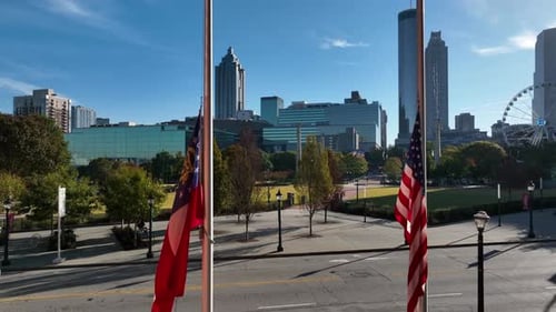 City Skyline with Flags on a Clear Day