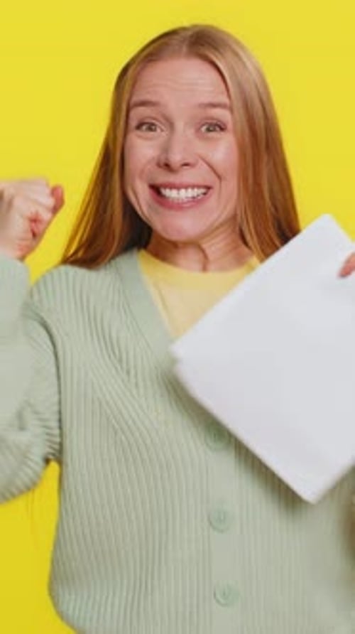 Happy Young Woman Open Envelope Take Out Letter Reads Bank Loan Approve Great News Award Win