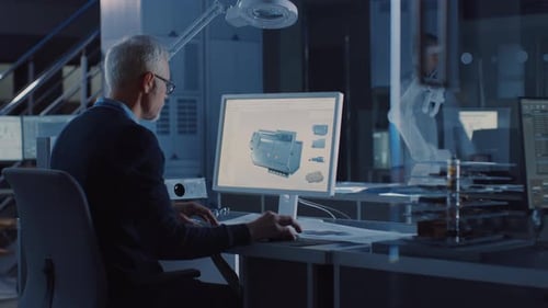 Der Ingenieur arbeitet am Computer und verwendet CAD-Software, um 3D-Komponenten für Industriemaschinen zu entwerfen. In der Bar