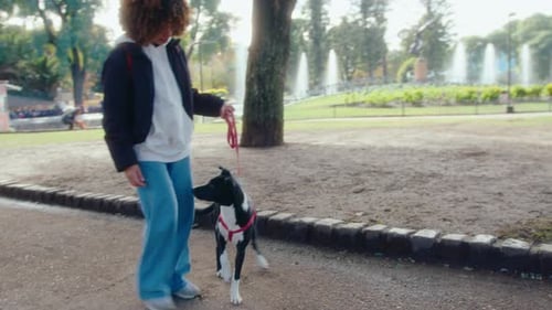 Woman Walking with Dog in Public Park