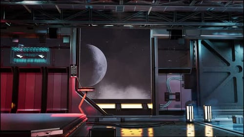 Futuristic Space Corridor With A View Of The Moon. 3D Animation