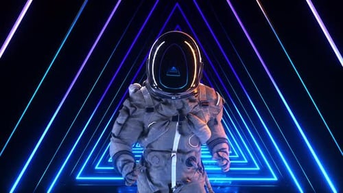 An Astronaut Running In A Neon Triangle Tunnel