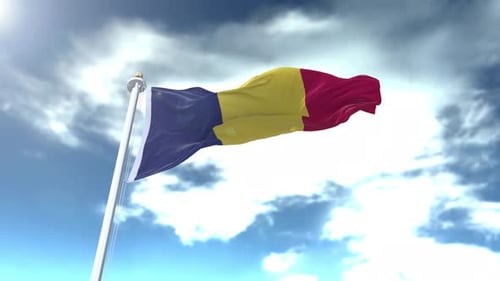 Realistic Waving Flag on Pole Against Cloudy Blue Sky