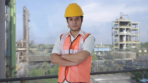 Engineer Stands Proudly in Industrial Environment