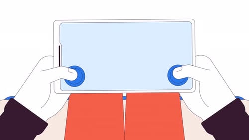 Playing game on blank smartphone screen line 2D character hands animation