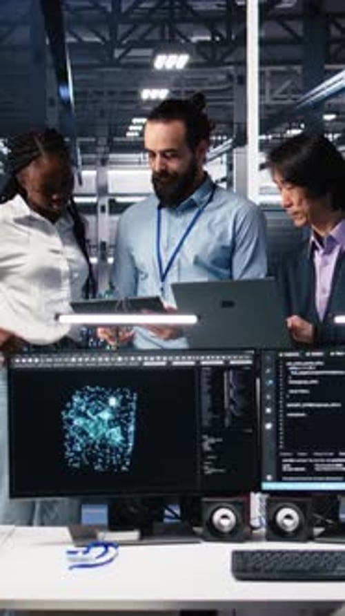 Team Discussing Technology in Data Solutions Office