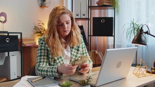 Business Woman Freelancer Counting Cash Insufficient Amount of Money Financial Crisis Bankruptcy