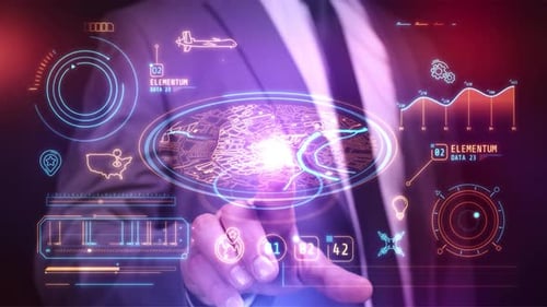 Futuristic Holographic UI Displaying Corporate Data and Technology Elements