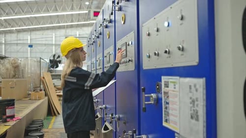 Female engineers check the operation of the machine's circuit board.