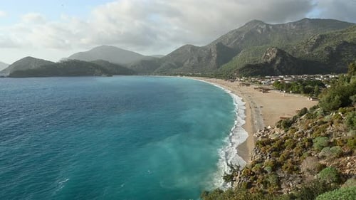 Above View of Scenery Sea Lagoon Famous Oludeniz Beach in Turkiye