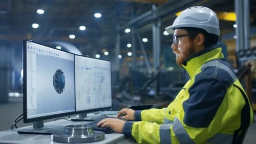 Inside the Heavy Industry Factory Industrial Engineer Works on the Personal Computer Designing Turb