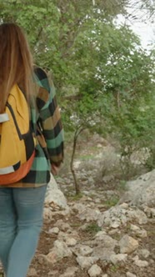 Vertical video. Young Woman Walks Along a Forest Path, Navigating and Stepping Over Numerous Stones.