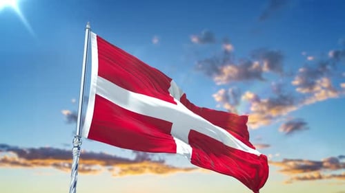 Realistic Denmark Flag Waving Against Blue Sky