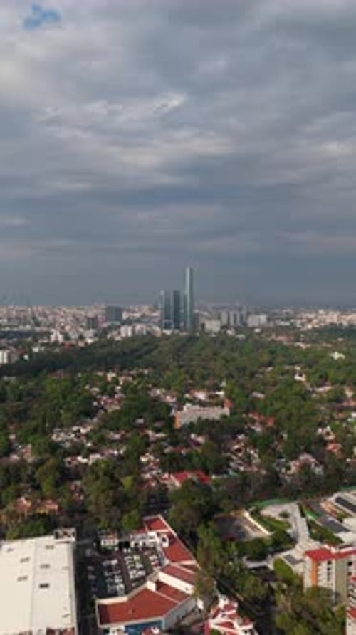 Vertical drone footage of Coyoacán, CDMX on a cloudy day