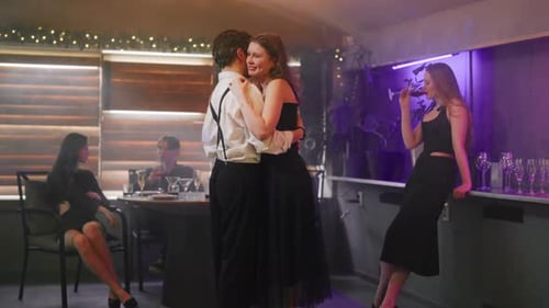 Young Couple Dancing Slow Dance in Club Two Person Man and Girl Dancing Slow Dance Romantic Smiling