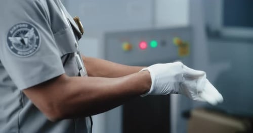 Airport Security Guard Puts on Gloves Close Up