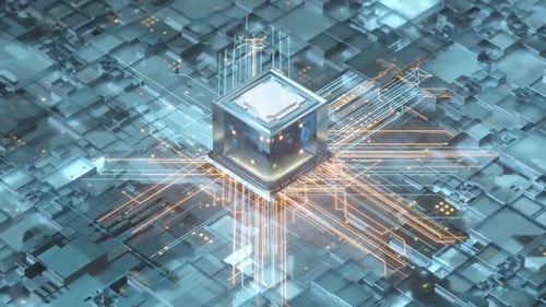 Futuristic Digital Processor with Glowing Data Flow Animation