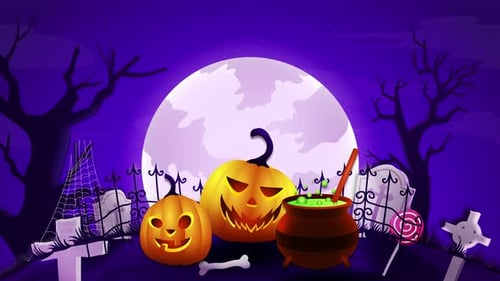 Animated Halloween Night with Pumpkins and Cauldron