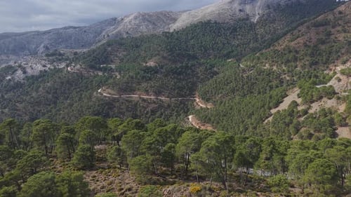 A scenic aerial view of a mountainous landscape covered with dense green forest. A winding dirt