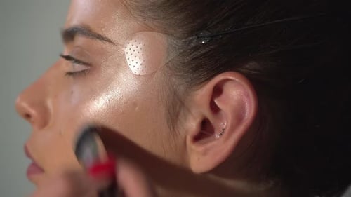 Makeup Young Woman Close Up Visage Cosmetic Mascara Makeup Artist Applying Foundation Skin Blusher