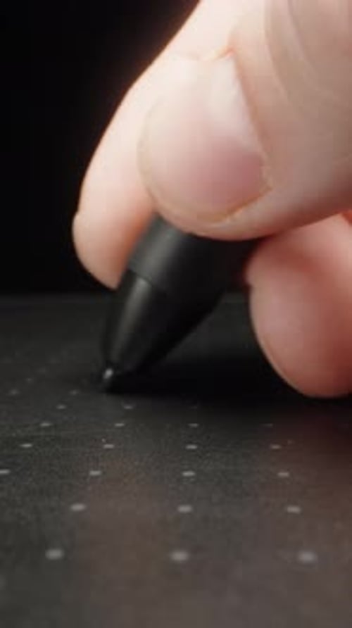 I write on a black graphics tablet. Dolly slider extreme close-up. Laowa Probe Vertical video.