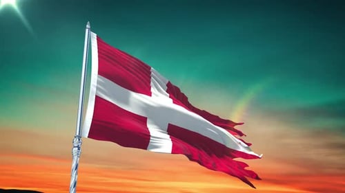 Denmark Flag Waving Realistic With Sky
