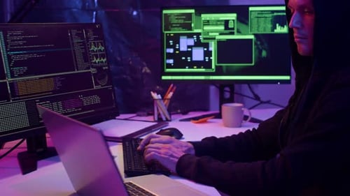 Young Adult Coding at Computer, Dark Room