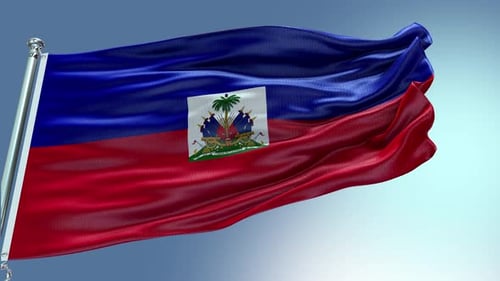 Realistic Haiti Flag Waving in Wind Against Blue Sky