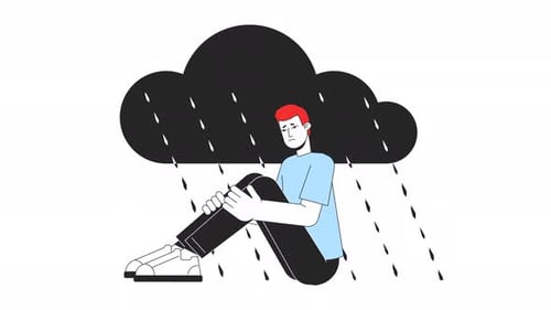 Flat Design Animation: Person Experiencing Emotions Under Rain Cloud