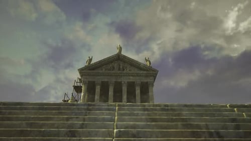 Scène Théâtrale d'un temple au milieu d'un ciel orageux et d'un éclairage d'ambiance