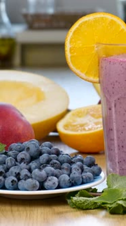 Bright Fruit Smoothie With Fresh Ingredients, Close Up