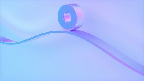 Minimalistische Loop-Animation, blauer irisierender Zylinder, der auf einer gekrümmten Schiene rollt, geometrisch nahtlos
