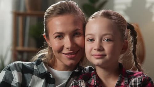 Close Up European Family Caucasian Portrait Mother Female Mom Woman Babysitter with Little Child Kid