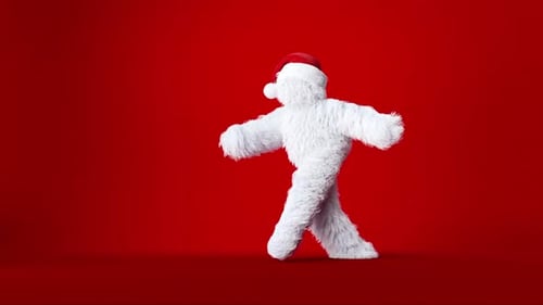 white funny yeti in Christmas hat dancing