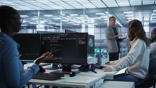 Angry Woman Getting Computer Crash While Trying to Fix Error in Data Center