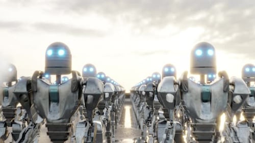 3d Animation Loop of Rows of Similar Cyborgs Walking Together at Sunset