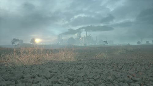Industrial Plant Emitting Smoke Against a Hazy Sunset Sky