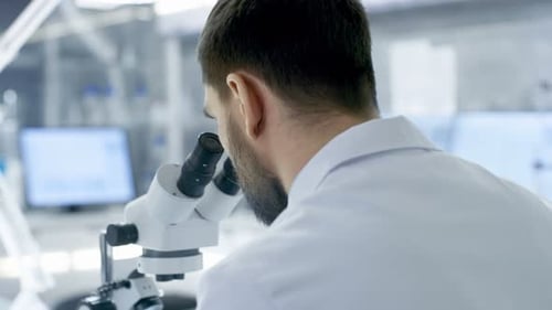 Over the Shoulder View of a Research Scientist Looking into Microscope. He's Conducts Experiments w