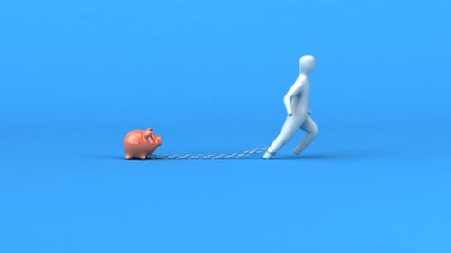 Animated Figure Struggling with Piggy Bank Financial Burden