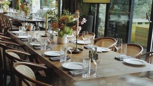 Long Decorated Table Set for a Wedding Celebration