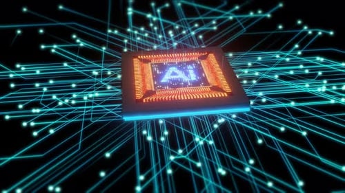 AI Chip Microprocessor with Glowing Circuit Board Network Animation