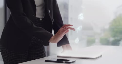 Futuristic hologram, digital graphic and tablet software of business woman using future technology