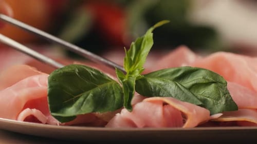 Close up of Sliced Ham and Basil