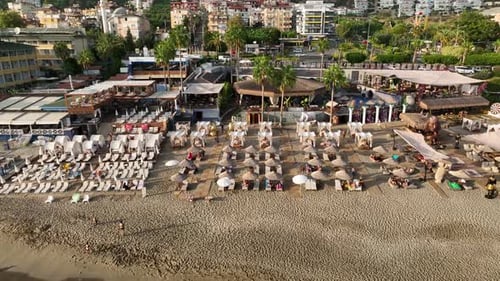 Beach Cafe on the Mediterranean Sea Aerial View 4 K