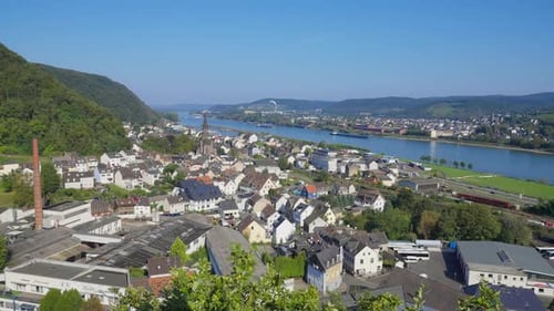 Cityscape aerial overview of Brohl-Lützing, a small town on the riverbanks of the Rhine River