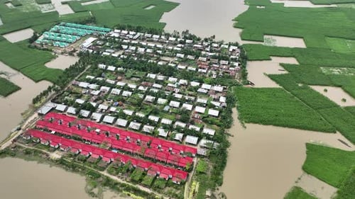 Aerial view of flooded village, Bangladesh.