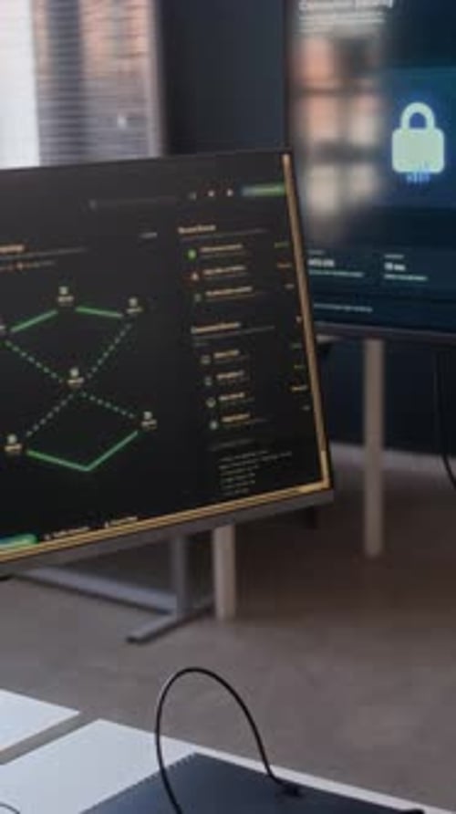 Vertical of Monitors with Network Analytics and Codes in Cybersecurity Office