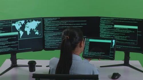 Asian Woman Working With Tablet While Write Code With Multiple Computer Screens In Green Screen