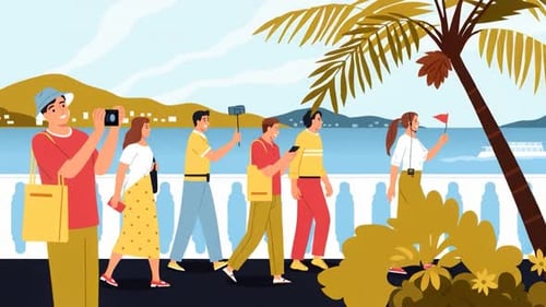 Guía turística que explica a los turistas que caminan por el paseo marítimo, tomar fotos y hacer turismo