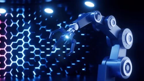 A rotating robotic arm in the neon background